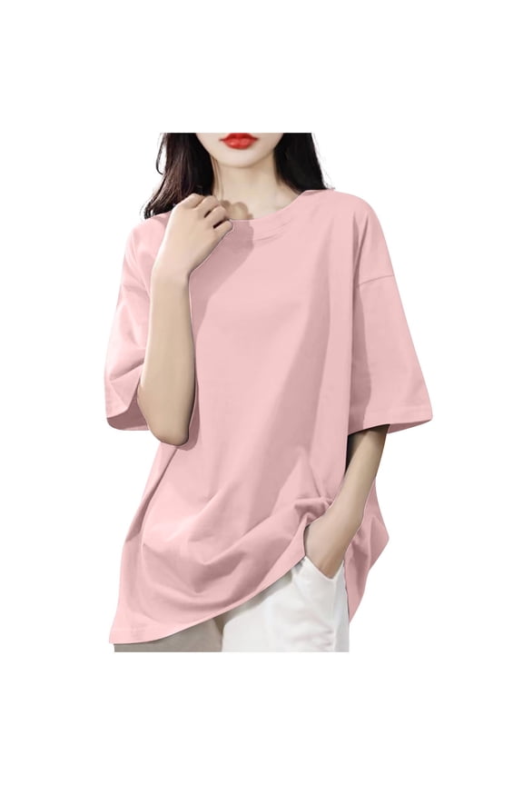 Womens Tops Loose Fit Crewneck Short Sleeve Tops Summer Casual Drop Shoulder Blouse Cute Basic Tee S-3X A-Pink
