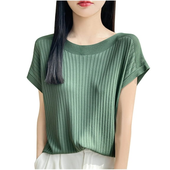 Wyobmus Womens Tops Stripe Texture Short Sleeve Lightweight Shirts Spring Fashion Trendy Tops Crewneck Casual Knit Tees Olive Green