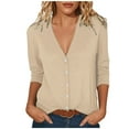 thumbnail image 1 of Wyobmus Womens Tops Trendy V Neck Button Down Long Sleeve Tshirts Business Casual Cadigan Shirt Loose Fit Khaki, 1 of 6