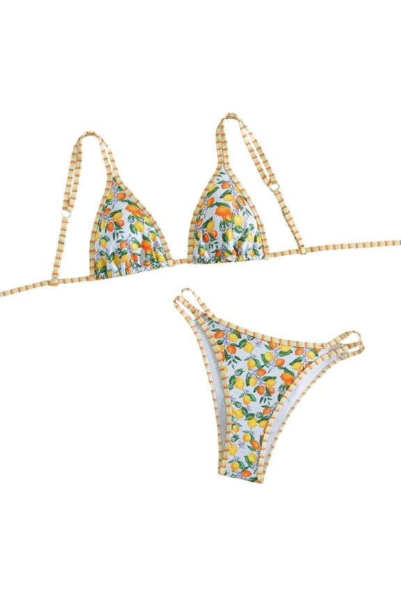 Womens Triangle Bikini Sets Floral Print 2 Piece Swimsuit Triangle Top String Swimwear High Cut Cheeky Bathing Suit C-Multicolor