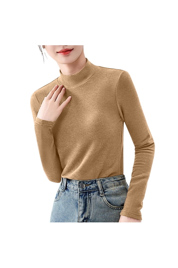 Womens Turtleneck Shirts Long Sleeve Fleece Undershirts Slim Fit Tops Mock Neck Base Layer Tops Khaki
