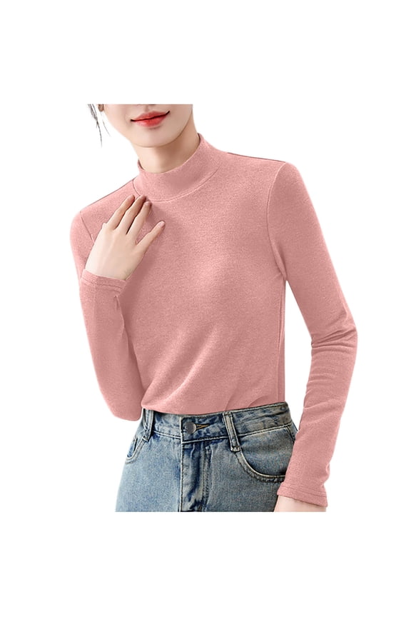 Womens Turtleneck Shirts Long Sleeve Fleece Undershirts Slim Fit Tops Mock Neck Base Layer Tops Pink
