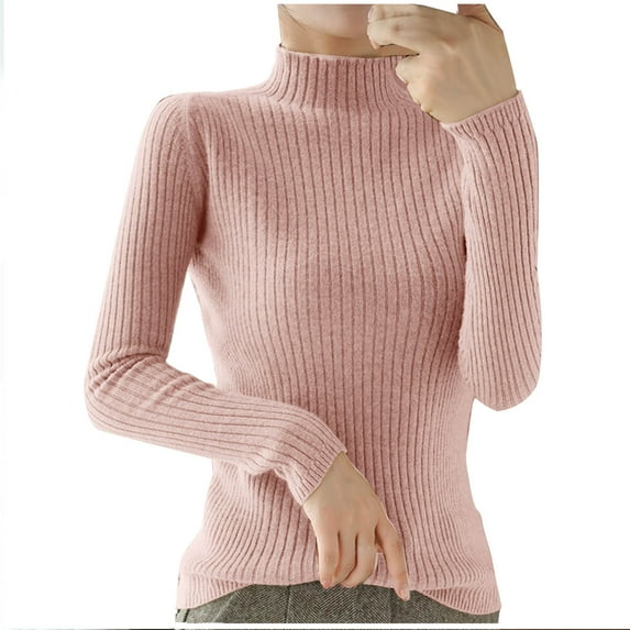 Wyobmus Womens Turtleneck Sweaters Long Sleeve Cable Knit Sweaters Lightweight Soft Solid Color Base Knitwear D-Pink