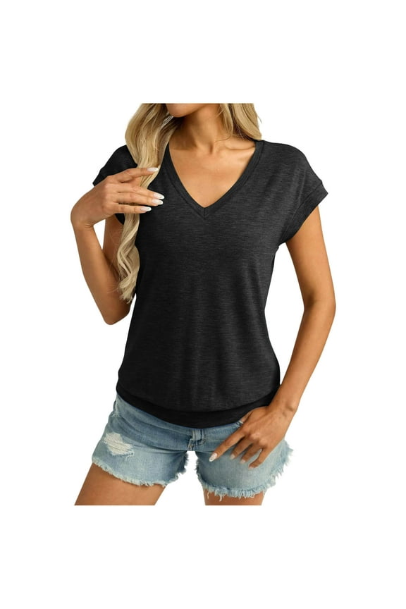 Womens V Neck T Shirts Cap Sleeve Blouse Tops Banded Bottom Shirt Loose Fit Short Sleeves Tee Casual Summer Basic Tees Black
