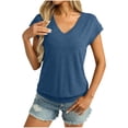 thumbnail image 1 of Wyobmus Womens V Neck T Shirts Cap Sleeve Blouse Tops Banded Bottom Shirt Loose Fit Short Sleeves Tee Casual Summer Basic Tees Blue, 1 of 8