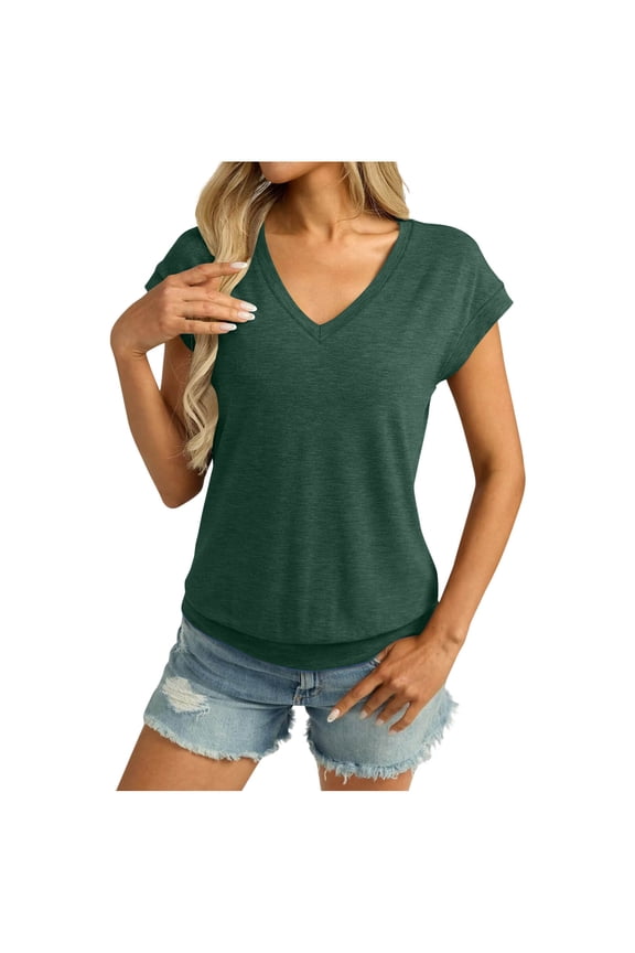 Womens V Neck T Shirts Cap Sleeve Blouse Tops Banded Bottom Shirt Loose Fit Short Sleeves Tee Casual Summer Basic Tees Green