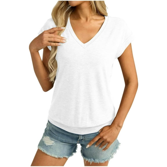 Wyobmus Womens V Neck T Shirts Cap Sleeve Blouse Tops Banded Bottom Shirt Loose Fit Short Sleeves Tee Casual Summer Basic Tees White