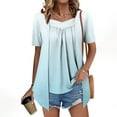 thumbnail image 1 of Wyobmus Womens V Neck T Shirts Loose Fit Summer Gradient Color Short Sleeve Dressy Pleated Front Tops Casual Mock 2 Piece Blouse Shirts C-Light Blue, 1 of 7