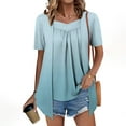 thumbnail image 1 of Wyobmus Womens V Neck T Shirts Loose Fit Summer Gradient Color Short Sleeve Dressy Pleated Front Tops Casual Mock 2 Piece Blouse Shirts C-Sky Blue, 1 of 7