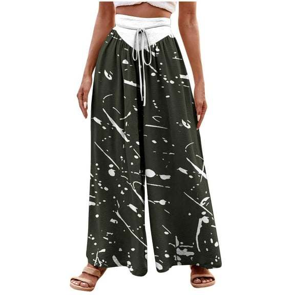 Wyobmus Womens Wide Leg Pants Smoked Elastic Waist Palazzo Pants Loose Flowy Casual Summer Beach Lounge Trousers Olive Green