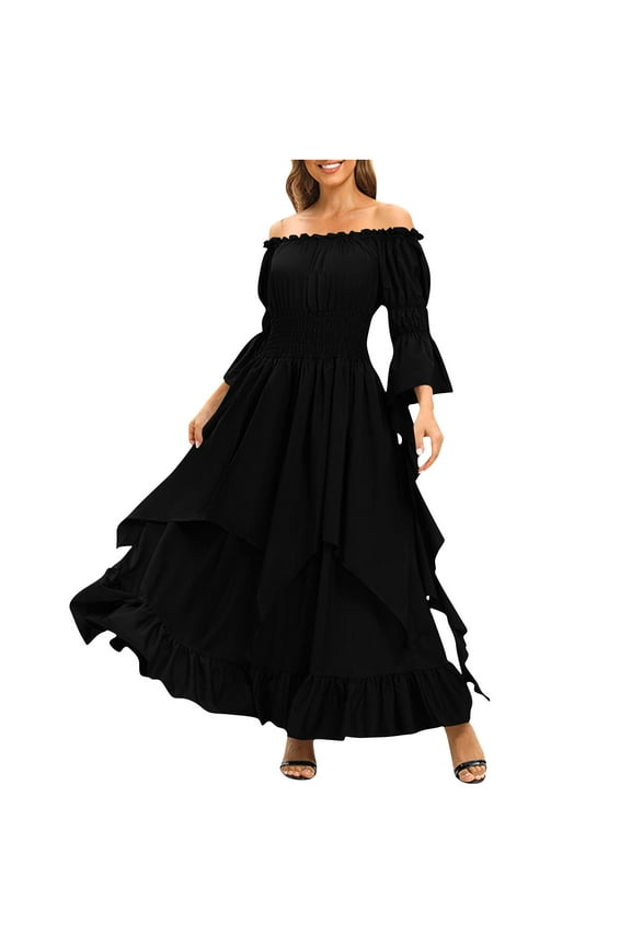 Womens Victorian Dress Renaissance Off Shoulder Gothic Witch Dress Medieval Layered Wedding Dress Black