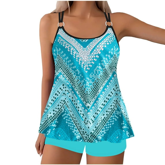 Wyobmus Womens Vintage Tankini Swimsuits 2 Piece Bathing Suit Tummy Control Flowy Double Straps Tankini Tops With Boyshorts Blue