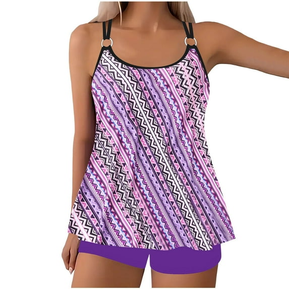 Wyobmus Womens Vintage Tankini Swimsuits 2 Piece Bathing Suit Tummy Control Flowy Double Straps Tankini Tops With Boyshorts Purple