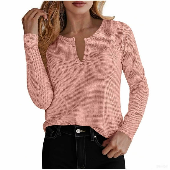 Wyobmus Womens Waffle Knit Shirts Long Sleeve V Neck Lightweight Pullover Casual Loose Fit Tops Fall Clothes Pink