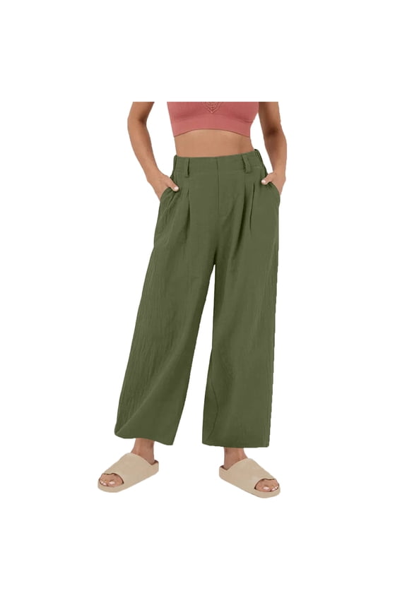 Womens Wide Leg Linen Pants Solid Color Chino Pants Elastic Waist Loose Casual Summer Vacation Work Pants Olive Green