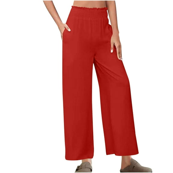 Wyobmus Womens Wide Leg Linen Pants Summer Beach Palazzo Lounge Trousers Casual Fashion Comfy Vacation Clothes for Women B-Red