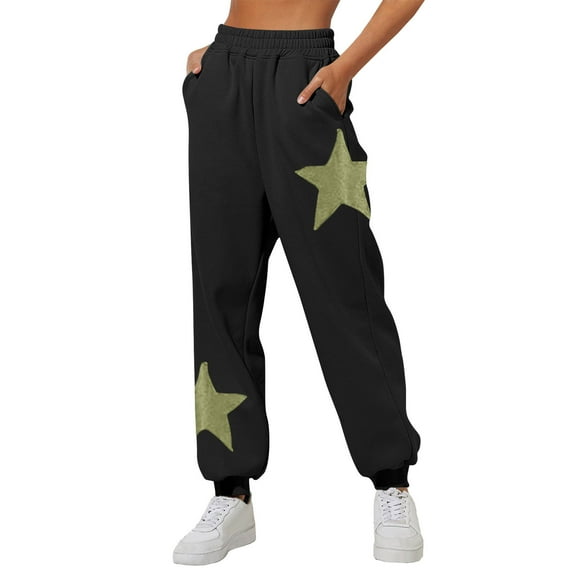 Wyobmus Womens Wide Leg Pants Graphic Sweatpants Satrs Print Jogger Pants High Waist Drawstring Baggy Straight Leg Sweatpants B-Black