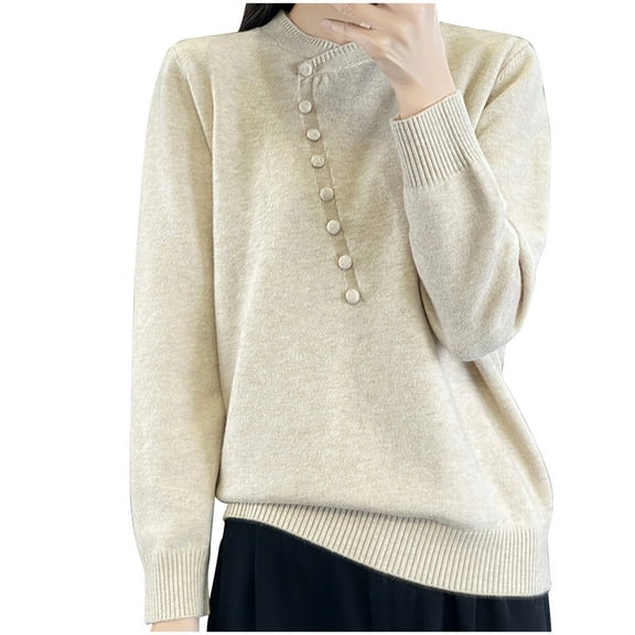Wyobmus Womens Woolen Sweater Casual Round Neck Button Solid Color Loose Base Cable Knitted Sweater Tops A-Beige