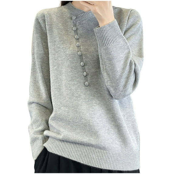 Wyobmus Womens Woolen Sweater Casual Round Neck Button Solid Color Loose Base Cable Knitted Sweater Tops A-Gray