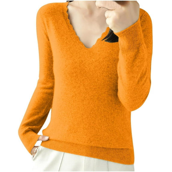 Wyobmus Womens Woolen Sweater Lightweight Long Sleeve V Neck Loose Knitted Baselayer Sweater B-Orange