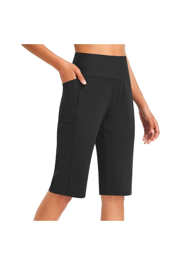 Womens Workout Long Shorts High Waisted Bermuda Shorts Loose Solid Tummy Control Walking Running Yoga Short Black