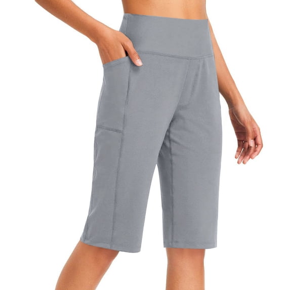 Wyobmus Womens Workout Long Shorts High Waisted Bermuda Shorts Loose Solid Tummy Control Walking Running Yoga Short Gray