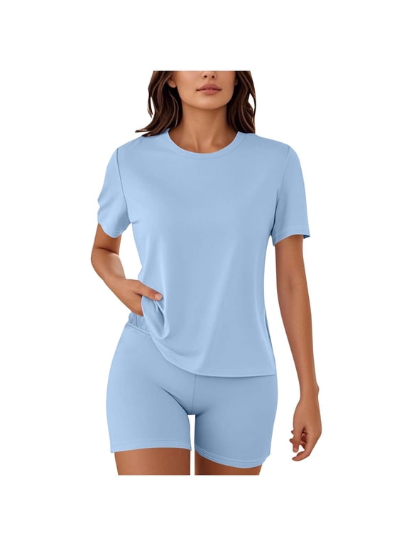 Womens Workout Set Summer 2 Piece Outfits Stretchy Slim Fitted Short Sleeve Shirts and Gym Yoga Shorts Casual Going Out Tracksuit A-Light Blue
