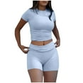 thumbnail image 1 of Wyobmus Womens Workout Set Summer 2 Piece Outfits Stretchy Slim Fitted Short Sleeve Shirts and Gym Yoga Shorts Casual Going Out Tracksuit B-Light Blue, 1 of 7