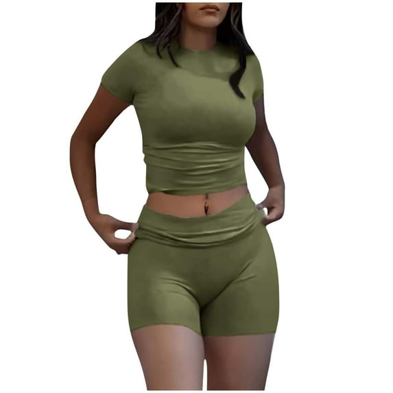 Wyobmus Womens Workout Set Summer 2 Piece Outfits Stretchy Slim Fitted Short Sleeve Shirts and Gym Yoga Shorts Casual Going Out Tracksuit B-Olive Green
