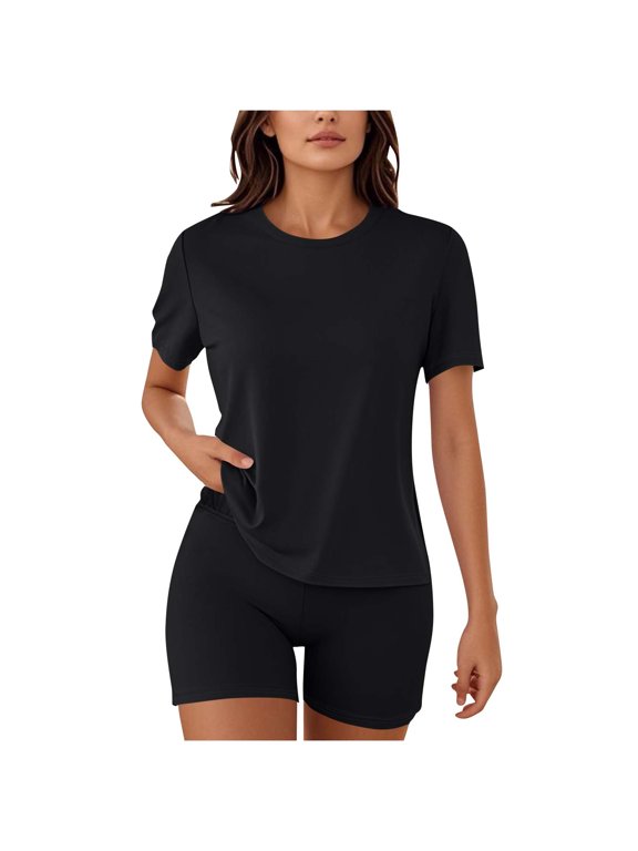 Womens Workout Set Summer 2 Piece Outfits Stretchy Slim Fitted Short Sleeve Shirts and Gym Yoga Shorts Casual Going Out Tracksuit A-Black