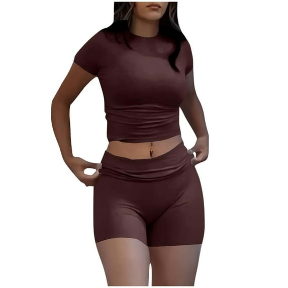 Wyobmus Womens Workout Set Summer 2 Piece Outfits Stretchy Slim Fitted Short Sleeve Shirts and Gym Yoga Shorts Casual Going Out Tracksuit B-Burgundy