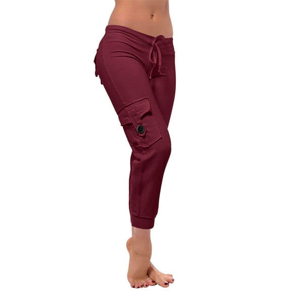 Wyobmus Womens Yoga Pants With Pockets Casual Cargo Workout Pants Stretchy Comfy High Waisted Slim Leg 4 Pockets Leggings XS-4X Burgundy
