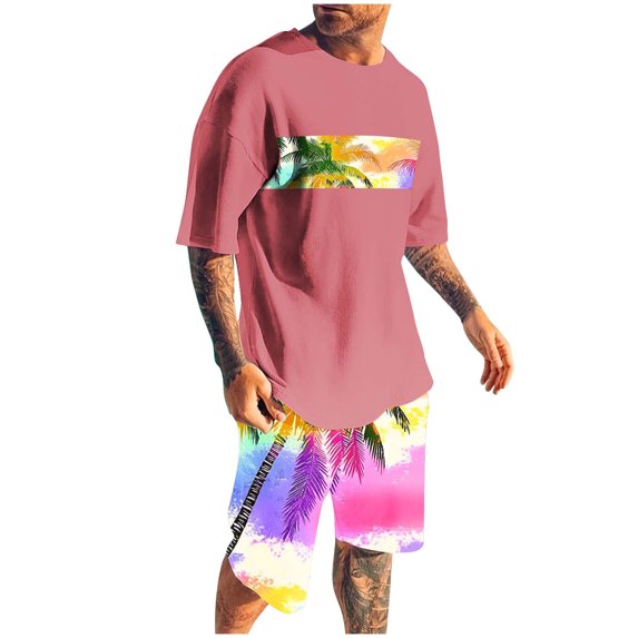 Wyobmus Workout Short Set for Men Slim Fit 2 Piece Tracksuit Summer Beach Shorts Outfits Short Sleeve Hawaiian Printed Sport Suits A-Pink
