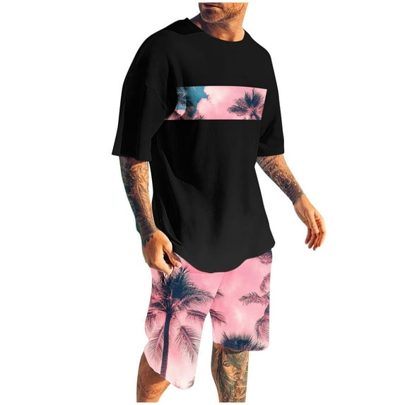 Wyobmus Workout Short Set for Men Slim Fit 2 Piece Tracksuit Summer Beach Shorts Outfits Short Sleeve Hawaiian Printed Sport Suits E-Black