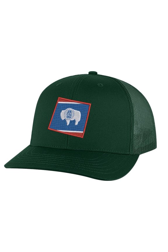 Wyoming Classic Trucker Hat – Embroidered State Flag, Mesh Snapback Cap (AlpineGreen)