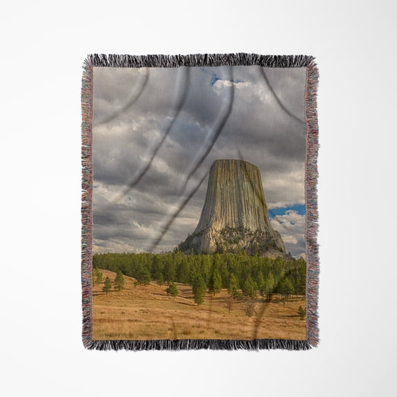 Wyoming, Devils Tower National Monument, Darn Clouds Over Devils Tower, Woven Blanket