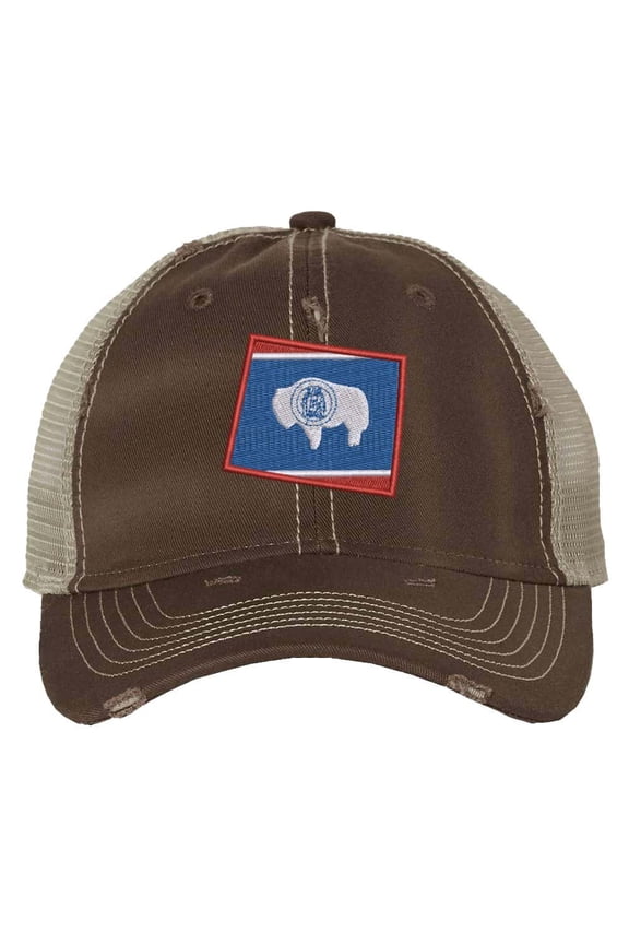 Wyoming Flag Hat - Distressed State Design - Vintage Cowboy State Trucker Strapback Cap (Brown)