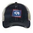 thumbnail image 1 of Wyoming Flag Hat - Distressed State Design - Vintage Cowboy State Trucker Strapback Cap (NavyBlue), 1 of 8