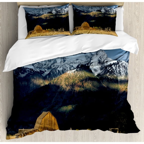 Wyoming Duvet Cover Set King Size, Panoramic View of Snowy Grand Mountains and Primitive Cottage Rustic Wooden Hut, 3 Piece Bedding Set with 2 Pillow Shams, Multicolor, by Ambesonne