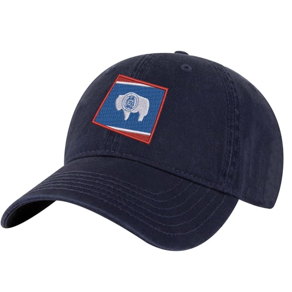Wyoming Flag Baseball Cap – Embroidered Cowboy State Hat with Bucking Bronco (NavyBlue)