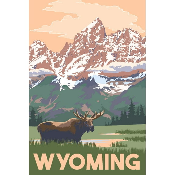 Wyoming, Moose and Mountains (24x36 Giclee Gallery Art Print, Vivid Textured Wall Decor)