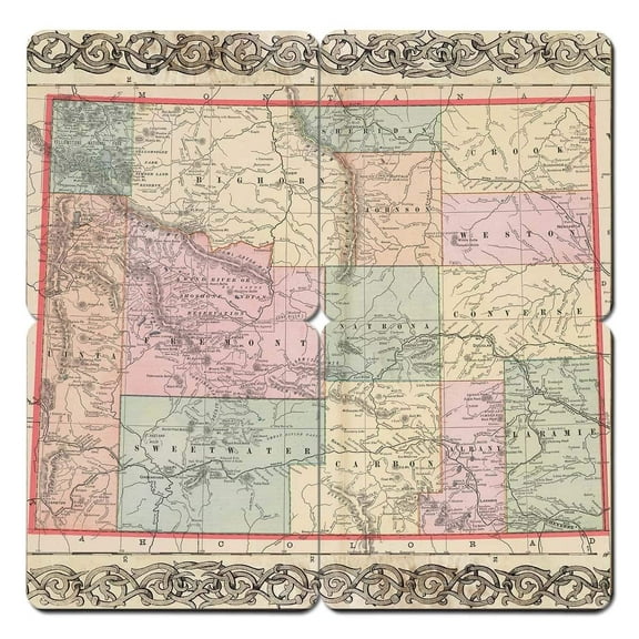 Torched Wyoming Old World Map Coaster (Set of 4) Drink Beer Coaster Multicolor