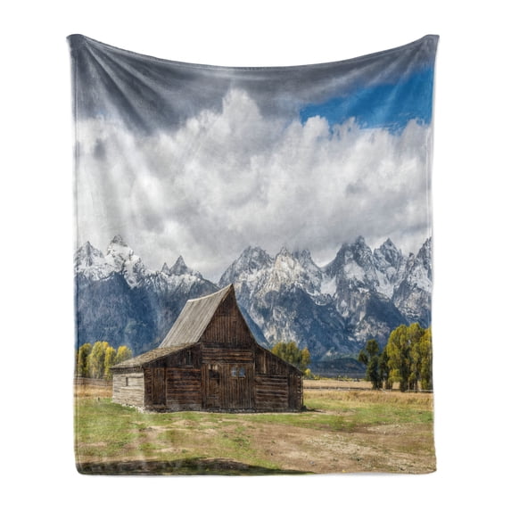 Wyoming Soft Flannel Fleece Blanket, Landscape of Old Rustic Wooden Cottage and Snowy Mountains with Fluffy Heavy Clouds, Cozy Plush for Indoor and Outdoor Use, 70" x 90", Multicolor, by Ambesonne
