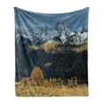 thumbnail image 1 of Wyoming Soft Flannel Fleece Blanket, Panoramic View of Snowy Grand Mountains and Prehistoric Cottage Rustic Wooden Hut, Cozy Plush for Indoor and Outdoor Use, 50" x 70", Multicolor, by Ambesonne, 1 of 6