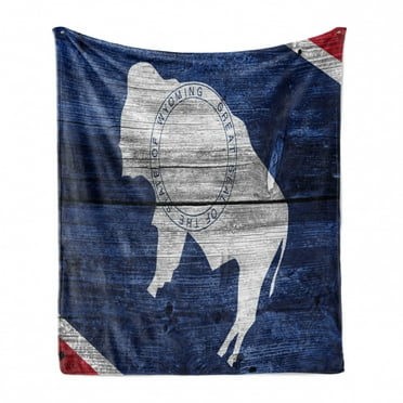 Wyoming Soft Flannel Fleece Throw Blanket, Equality State Flag with Buffalo Painted on Old Wooden Plank Print, Cozy Plush for Indoor and Outdoor Use, 50" x 60", Night Blue Vermilion, by Ambesonne