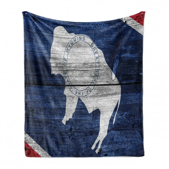Wyoming Soft Flannel Fleece Throw Blanket, Equality State Flag with Buffalo Painted on Old Wooden Plank Print, Cozy Plush for Indoor and Outdoor Use, 50" x 70", Night Blue Vermilion, by Ambesonne