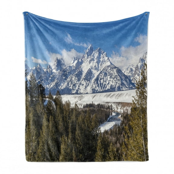 Wyoming Soft Flannel Fleece Throw Blanket, Magnificent Landscape of the Grand Teton Snowy and Cloudy Peaks with Trees, Cozy Plush for Indoor and Outdoor Use, 50" x 70", Green Multicolor, by Ambesonne