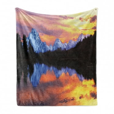 Wyoming Soft Flannel Fleece Throw Blanket, Snake Lake at Grand Teton National Park Fascinating Sunset View with Reflections, Cozy Plush for Indoor and Outdoor Use, 50" x 60", Multicolor, by Ambesonne