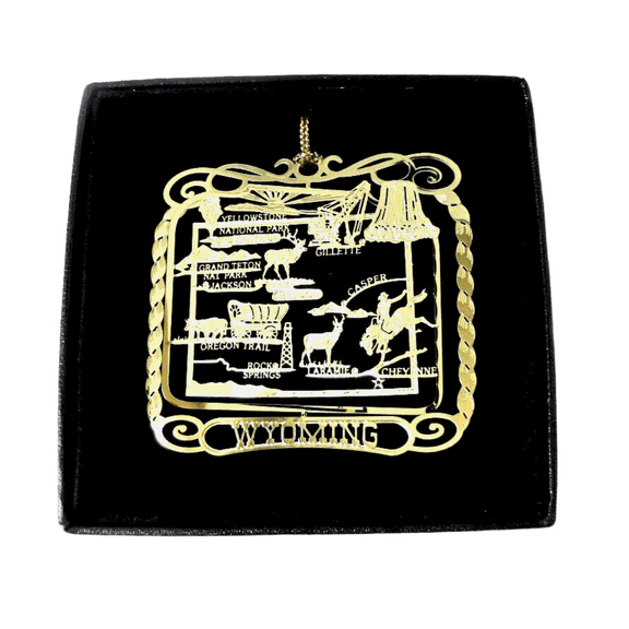 I Love My State Wyoming State Brass Ornament, Black Leatherette Gift Box