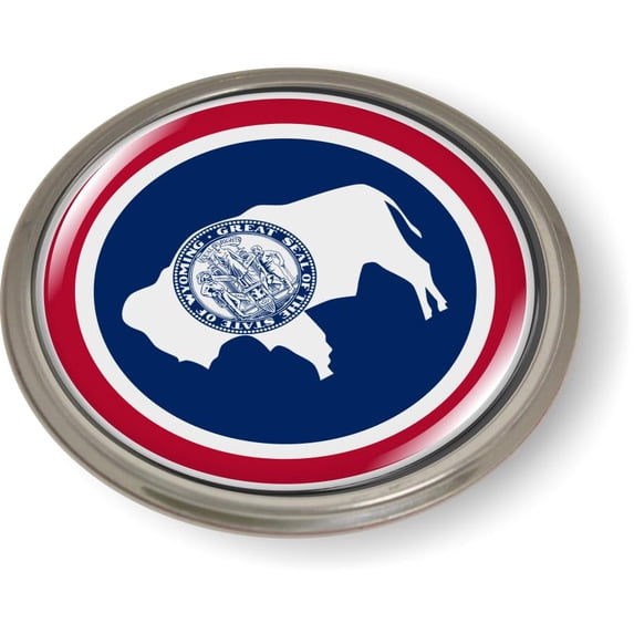 Wyoming State Flag 3D Domed CAR Emblem Badge Sticker Semi-Flexible Aluminum Round Bezel